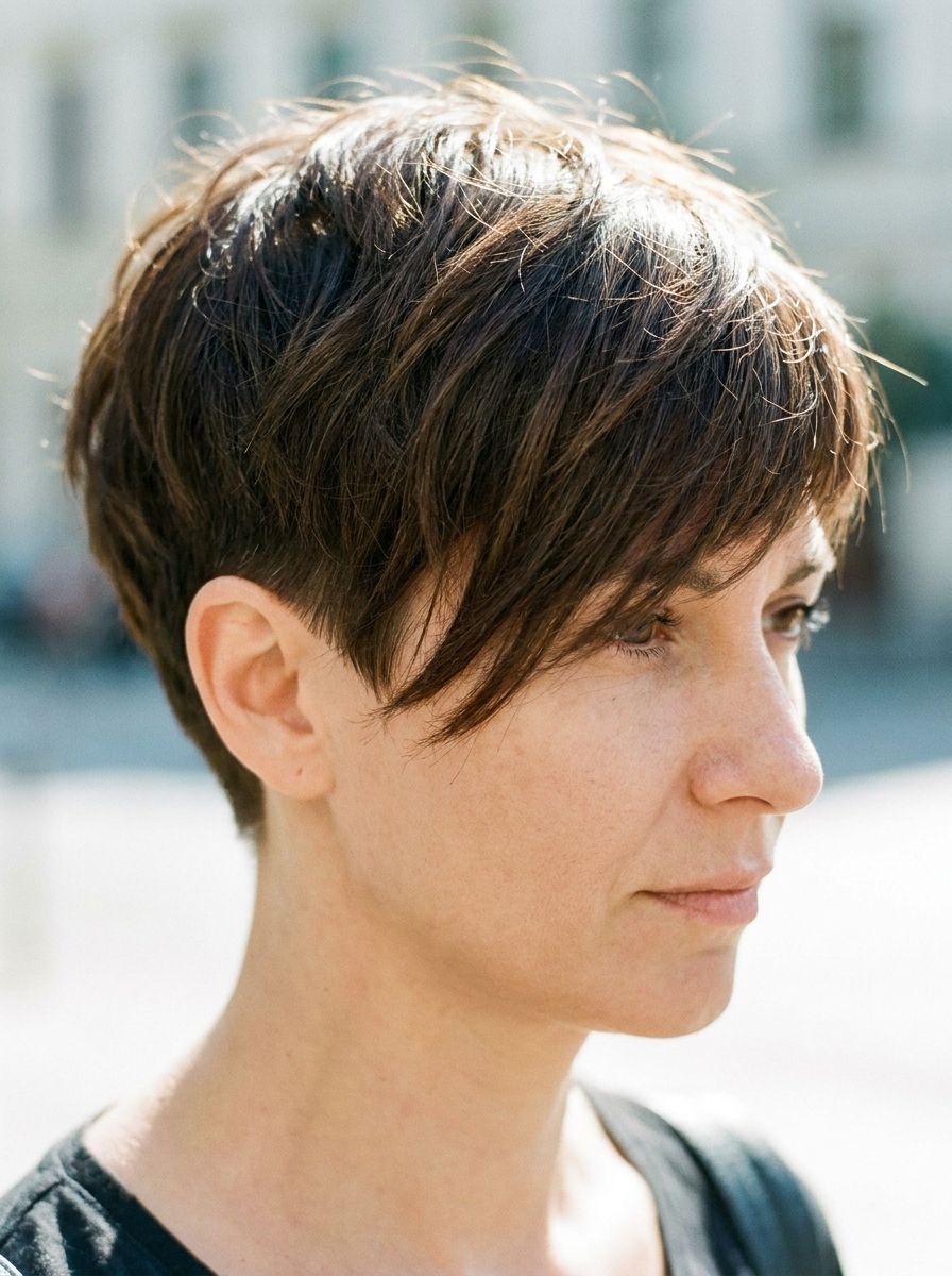 Kurzhaarfrisur mit langem Seitenpony - Kurzhaarfrisuren mit langem Deckhaar